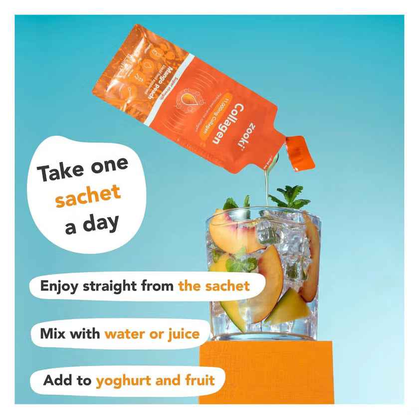 Zooki Super Strength Marine Collagen 11000mg Mango Peach Flavor Liquid Sachets 18.5ml, Pack of 14's
