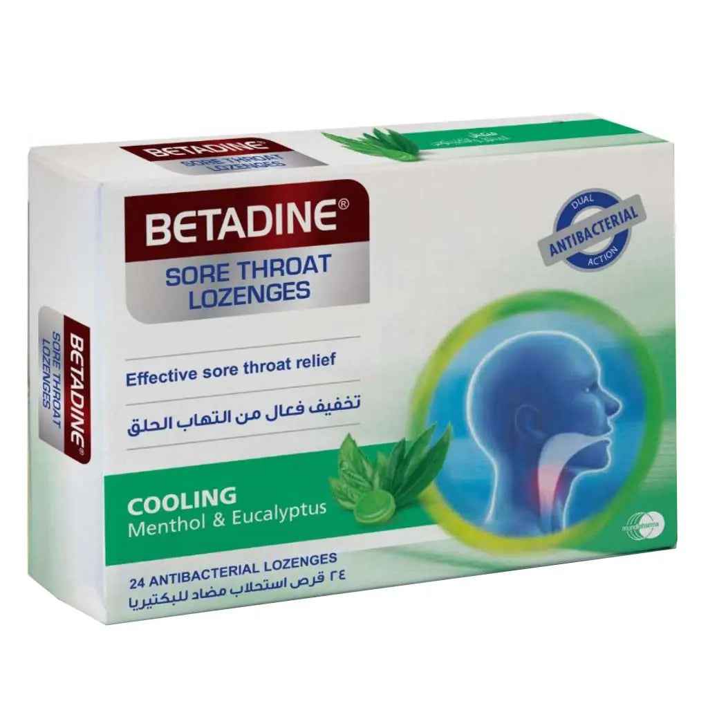 Betadine sore throat antibacterial lozenges with cooling menthol & eucalyptus, pack of 24's