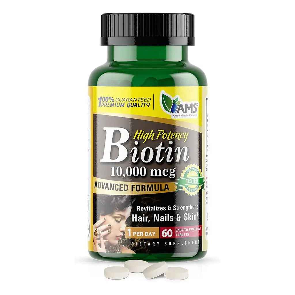 Ams biotin 10,000 mcg tablet, vitamin supplement for hair, skin and nails, pack of 60's