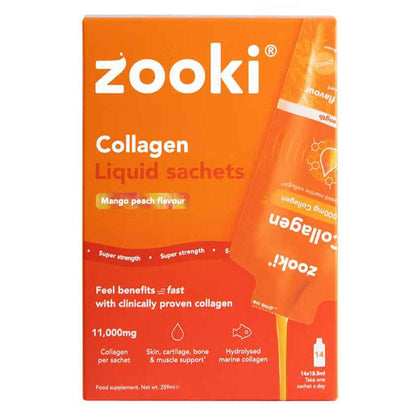 Zooki Super Strength Marine Collagen 11000mg Mango Peach Flavor Liquid Sachets 18.5ml, Pack of 14's