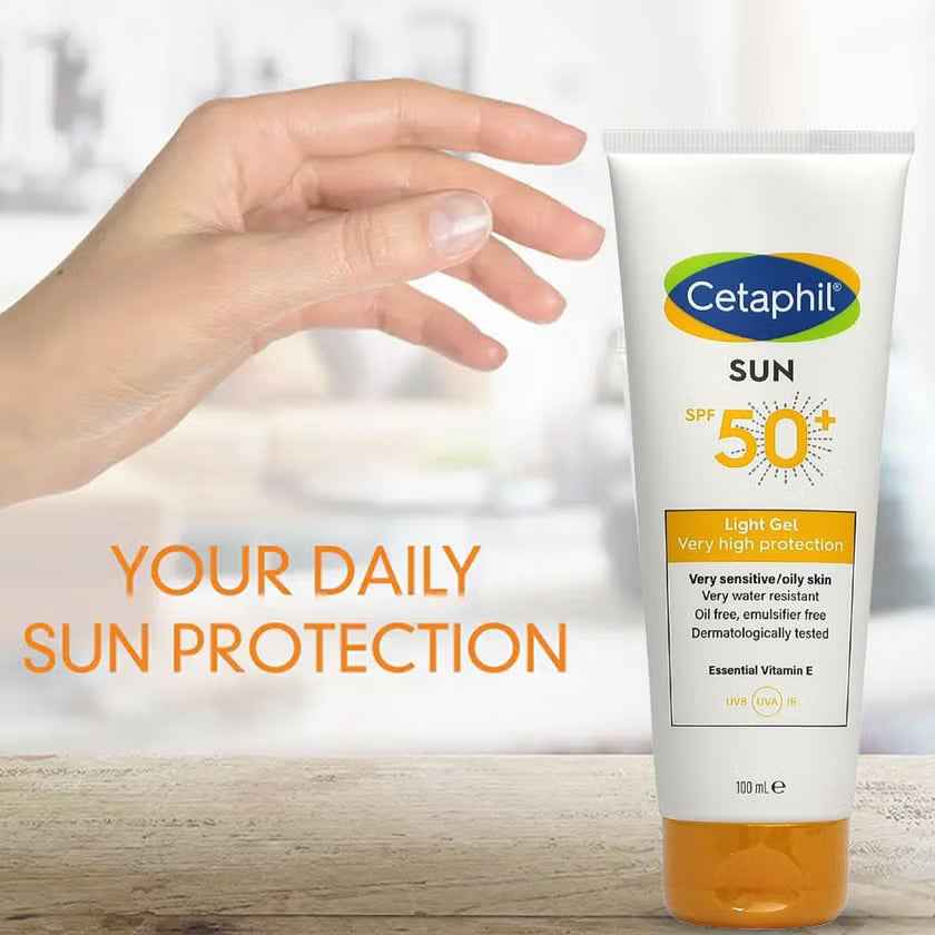 Cetaphil sun spf 50+ very high protection light gel, moisturizer sunscreen for face & body with very sensitive/oily skin - 100ml