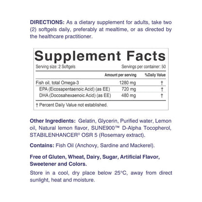 Nordic Sunshine High Potency Omega-3 1280mg - Heart, Brain, Joint & Skin Support, Triple Strength - 100 Softgels Nordic Sunshine
