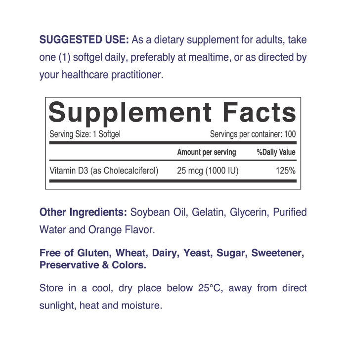 Nordic Sunshine Vitamin D3 1000 IU, Immune, Bone & Mood Support for Healthy Calcium Absorption – 100 Softgels Nordic Sunshine