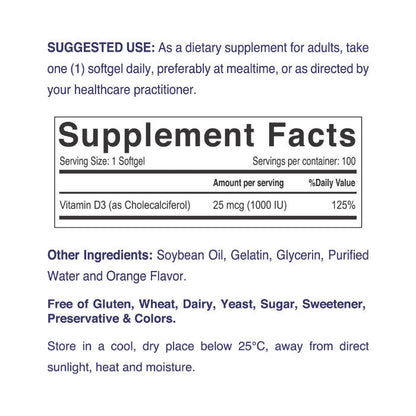 Nordic Sunshine Vitamin D3 1000 IU, Immune, Bone & Mood Support for Healthy Calcium Absorption – 100 Softgels Nordic Sunshine