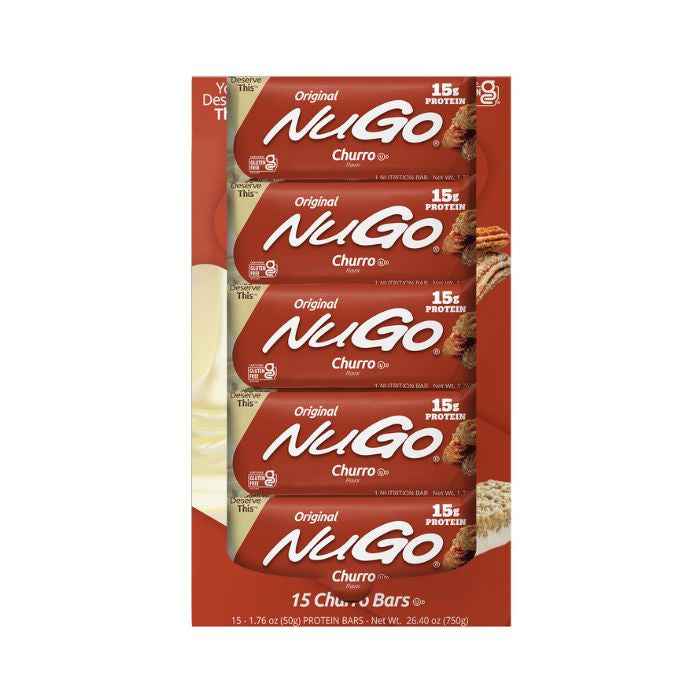 NuGo Original Churro Protein Bar 50g, 15g Protein, Gluten Free, Cinnamon Crunch Yogurt, Pack of 15 pcs