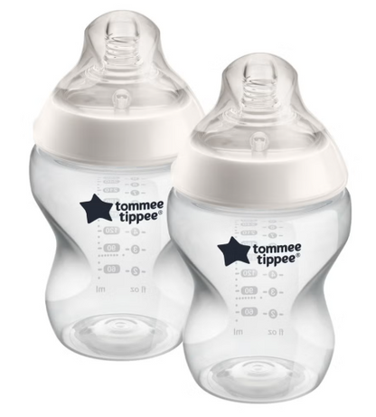 Pack Of 2 Closer To Nature Baby Feeding Bottles With Anti-Colic Valve, Slow-Flow, 0 Months +, 2 X 260 ML, Clear Tommee Tippee
