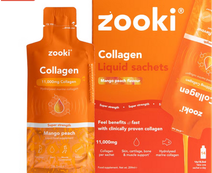 Zooki Super Strength Marine Collagen 11000mg Mango Peach Flavor Liquid Sachets 18.5ml, Pack of 14's