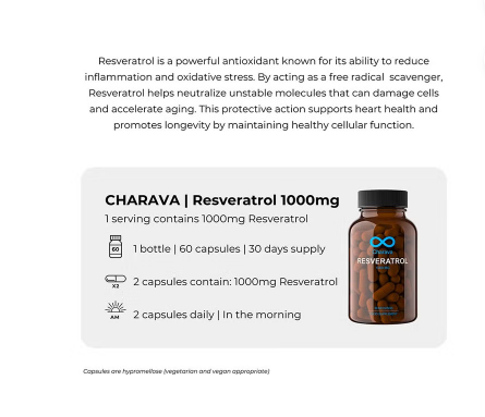 Charava Resveratrol 1000mg Antiaging Supplement Capsules, Pack of 30's Charava