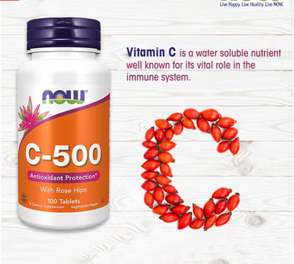 Now C-500 Vitamin C With Rose Hips Tablets For Antioxidant Support, Pack of 100's NOW