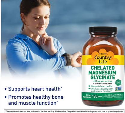Country Life 400mg Chelated Magnesium Glycinate Tablets For Bone & Muscle Health, Pack of 180's Country Life